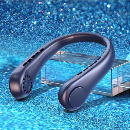 Hands-Free Portable Bladeless Rechargeable Neck Fan in navy blue on a shimmering blue background.