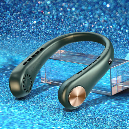 Hands-Free Portable Bladeless Rechargeable Neck Fan displayed on a sparkling blue background with a stylish design.