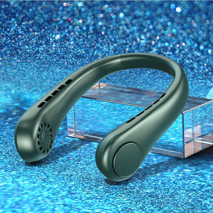 Hands-Free Portable Bladeless Rechargeable Neck Fan displayed against a sparkling blue background.