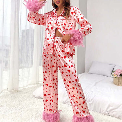 Heart Print Pajama Set polyester fabric texture.