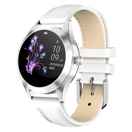 Heart Rate Monitoring Sports Step Smart Bracelet Slim with floral design on screen and white strap, showcasing fitness features.