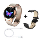 Heart Rate Monitoring Sports Step Smart Bracelet Slim with rose gold design, extra black strap, and charging cable.