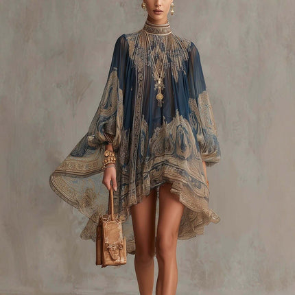 High Neck Printed Chiffon Dress Loose Holiday Shawl with elegant paisley design and flowing sleeves, accessorized with jewelry and handbag.