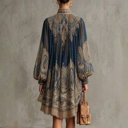 High Neck Printed Chiffon Dress Loose Holiday Shawl showcasing elegant paisley pattern and voluminous sleeves.