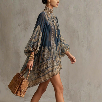 High Neck Printed Chiffon Dress Loose Holiday Shawl in blue and gold with elegant puff sleeves and a stylish handbag.
