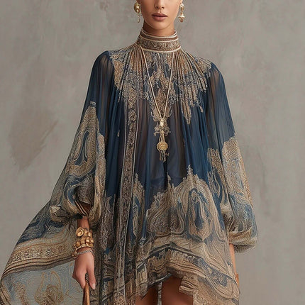 High Neck Printed Chiffon Dress Loose Holiday Shawl model wearing elegant chiffon garment with intricate designs and accessories.