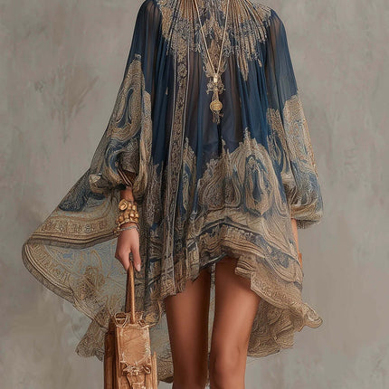High Neck Printed Chiffon Dress Loose Holiday Shawl featuring a flowy design and elegant patterns.