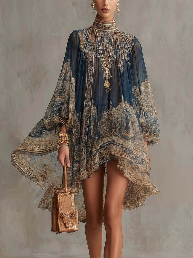 High Neck Printed Chiffon Dress Loose Holiday Shawl featuring a flowy design and elegant patterns.