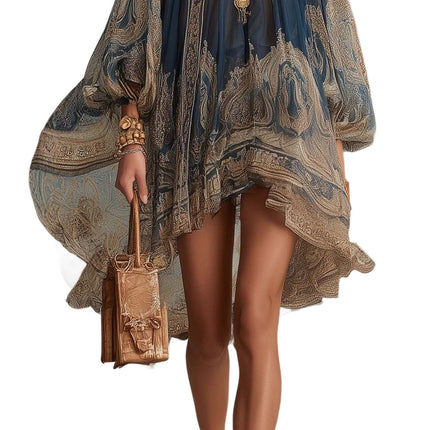High Neck Printed Chiffon Dress Loose Holiday Shawl model wearing a stylish chiffon dress with intricate patterns and a chic handbag.