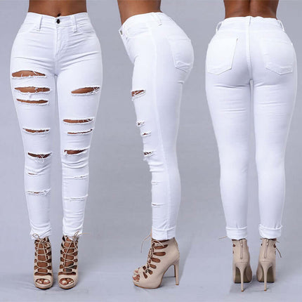 High Waist Ripped Skinny Pencil Jeans in classic crisp white color draped smoothly over a bright backdrop