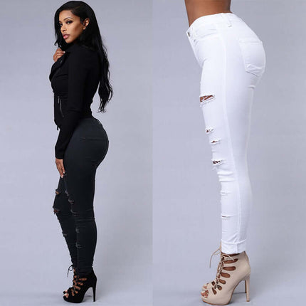 High Waist Ripped Skinny Pencil Jeans close up shot focusing on the meticulous cotton fabric weave density