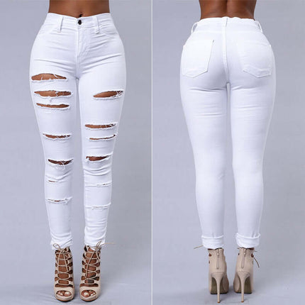 High Waist Ripped Skinny Pencil Jeans detailed view tracking the premium artisanal distressed ripped details