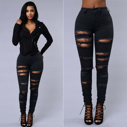 High Waist Ripped Skinny Pencil Jeans in sleek solid black variant laying flat on a professional studio floor