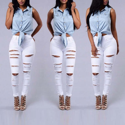 High Waist Ripped Skinny Pencil Jeans front layout highlighting the leg lengthening high waist profile line