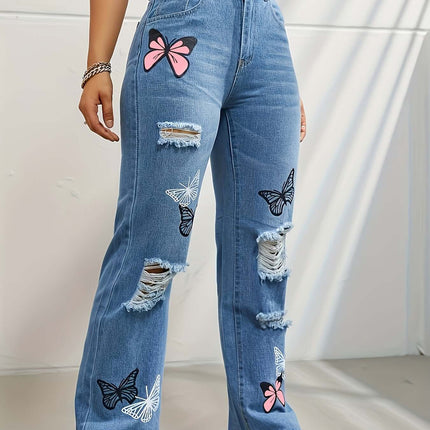 High Waisted Straight Leg Jeans For Women with butterfly patches and distressed details.