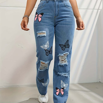 High Waisted Straight Leg Jeans For Women with butterfly patches and distressed details.