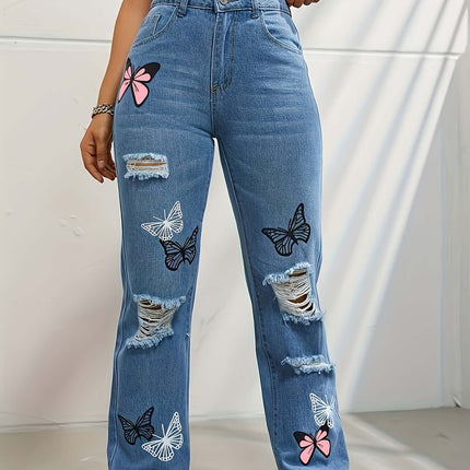 High Waisted Straight Leg Jeans For Women with butterfly designs and distressed detail, stylish blue denim.