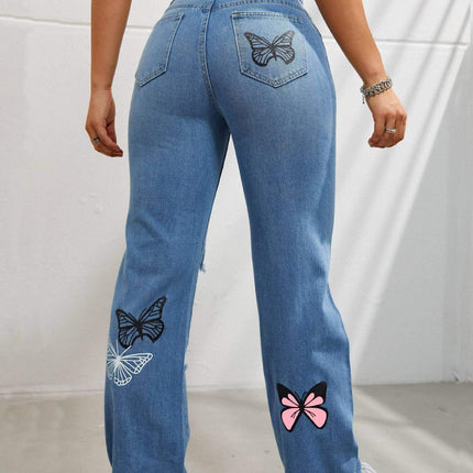 High Waisted Straight Leg Jeans For Women with butterfly designs on legs and back pockets, styled from the rear.