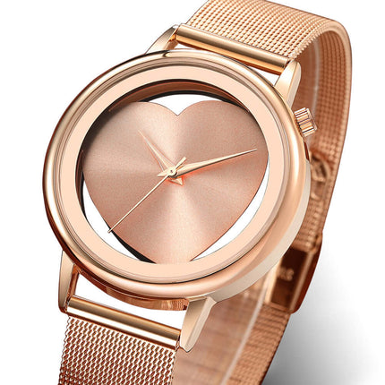 Hollow Dial Quartz Womens Watch with rose gold mesh strap