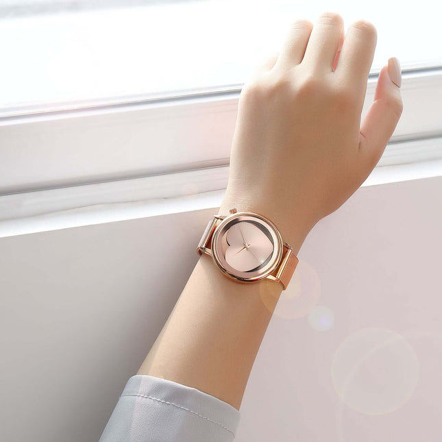 Hollow Dial Quartz Womens Watch black color PU leather band