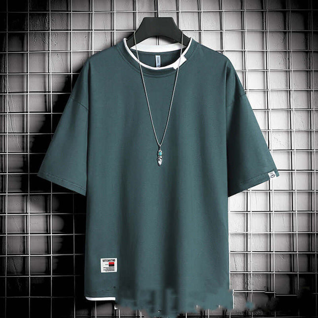 Hong Kong style loose T-shirt men vibrant fresh colorway flat layout showcasing casual drop shoulder detailing