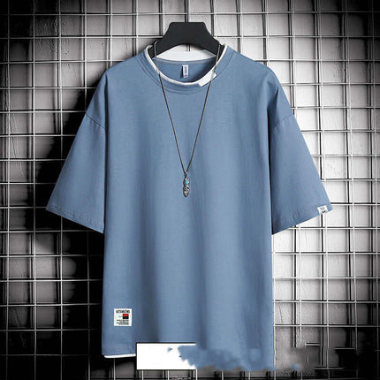 Hong Kong style loose T-shirt men modern athletic cut design displayed cleanly inside an e-commerce catalog style