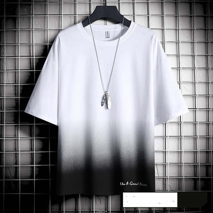 Hong Kong style loose T-shirt men pristine minimalist setup arranged beautifully on an apparel design table backdrop