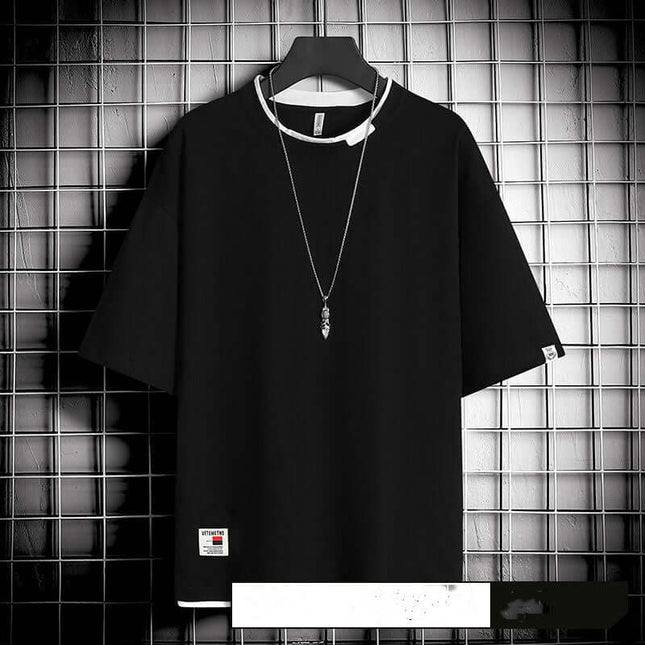 Hong Kong style loose T-shirt men premium neckline collar construction engineered for long lasting stretch support