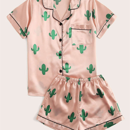 Household Clothing Pajama Set For Women lapel collar style.