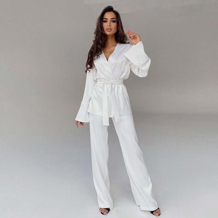Ice Silk Robe Blouse and Pants Pajamas For Women Set ice silk fabric.