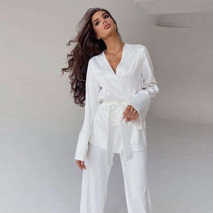Ice Silk Robe Blouse and Pants Pajamas For Women Set ultra-thin thickness.