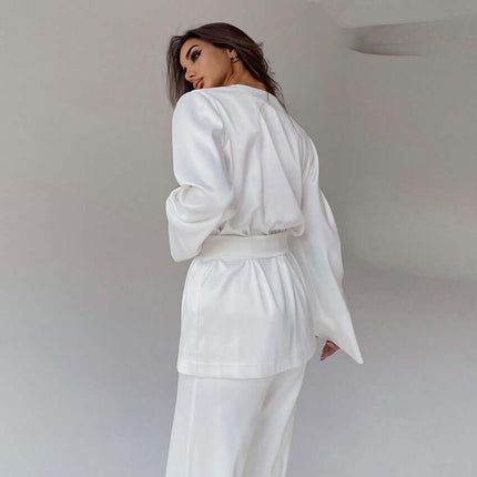 Ice Silk Robe Blouse and Pants Pajamas For Women Set long sleeve robe.