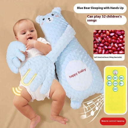 Infant Remote Controlled Cartoon Soothing Sleep Pillow with a baby cuddling a blue bear pillow playing children's songs.