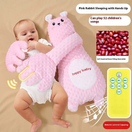 Infant Remote Controlled Cartoon Soothing Sleep Pillow with pink rabbit design, soothing songs, and hand control feature.