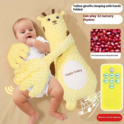 Infant Remote Controlled Cartoon Soothing Sleep Pillow with baby and yellow giraffe, plays 52 nursery rhymes, remote control.