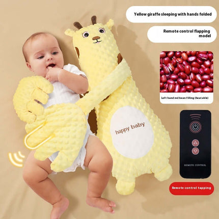 Infant Remote Controlled Cartoon Soothing Sleep Pillow with baby and yellow giraffe design, remote control included.