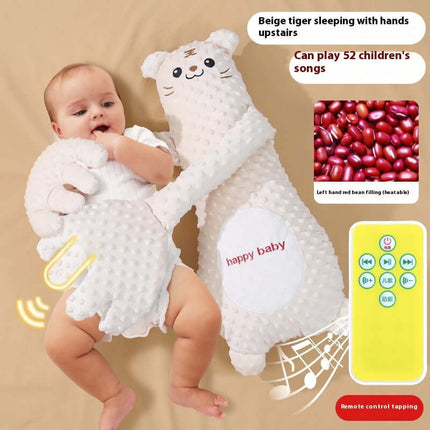 Infant Remote Controlled Cartoon Soothing Sleep Pillow with baby holding plush tiger pillow.