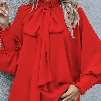 Ins Long-sleeved Blouse Bowknot Puff Sleeves Fashion black loose version blouse.