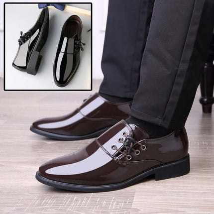Italian Patent Leather Shoes Men Dress Lace-Up Oxfords in glossy brown worn with formal pants.