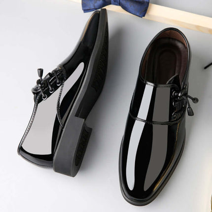 Italian Patent Leather Shoes Men Dress Lace-Up Oxfords in shiny black with stylish lace detailing.