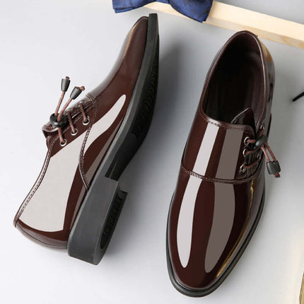 Italian Patent Leather Shoes Men Dress Lace-Up Oxfords in brown glossy finish with stylish lace-up design.