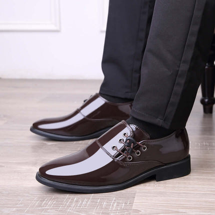 Italian Patent Leather Shoes Men Dress Lace-Up Oxfords in brown, worn with dark pants, showcasing sleek design.