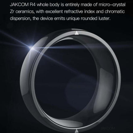 Close-up of JAKCOM R4 Smart Ring Multifunctional Wearable showcasing its micro-crystal Zr ceramics and unique luster.