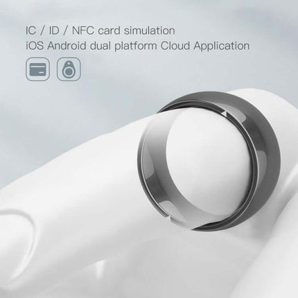 JAKCOM R4 Smart Ring Multifunctional Wearable on a finger, showcasing IC/ID/NFC card simulation features.