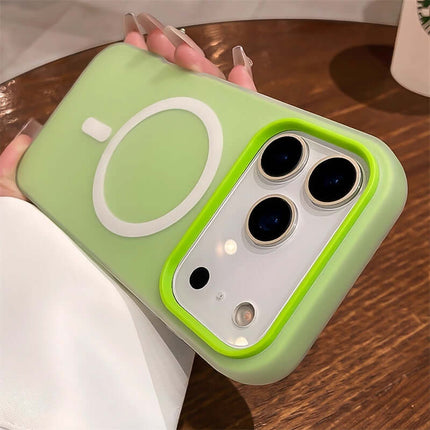 Hand holding a Jelly Magnetic Two-in-One Frosted Drop-Proof Phone Case in a pastel green color with unique design.