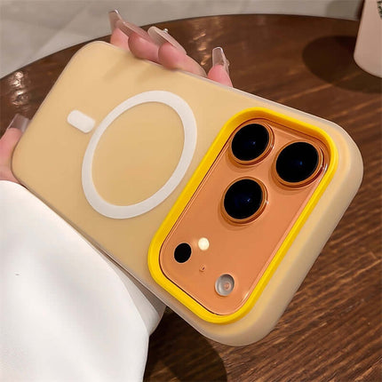 Jelly Magnetic Two-in-One Frosted Drop-Proof Phone Case featuring soft yellow color and unique camera outline.