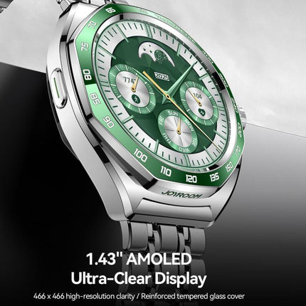 JOYROOM JR-FV2 Pro Venture Series Smart Watch showcasing 1.43" AMOLED ultra-clear display with vibrant green design.