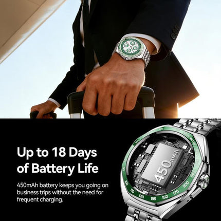 Person wearing JOYROOM JR-FV2 Pro Venture Series Smart Watch highlighting 450mAh battery with up to 18 days of life.