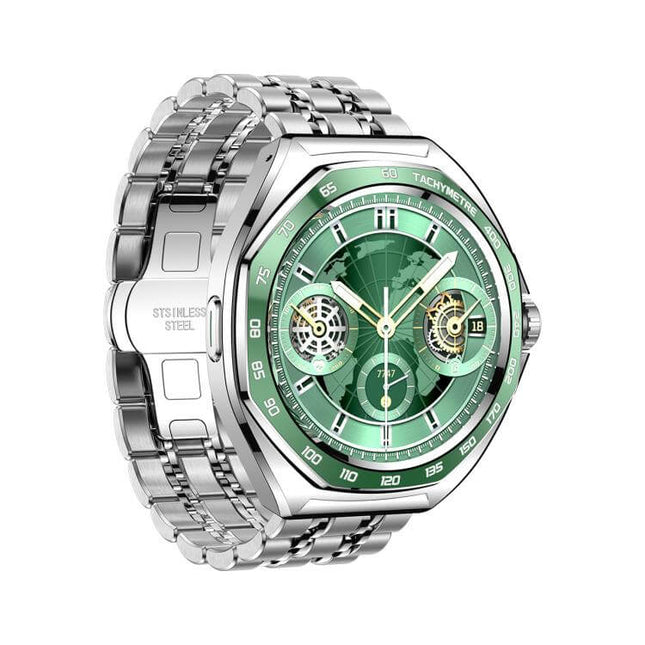 JOYROOM JR-FV2 Pro Venture Series Smart Watch with green dial and silver stainless steel strap.