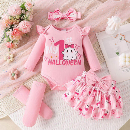 Kids Long Sleeve Romper Shorts Socks Set featuring a pink Halloween outfit with a cute ghost design and accessories.